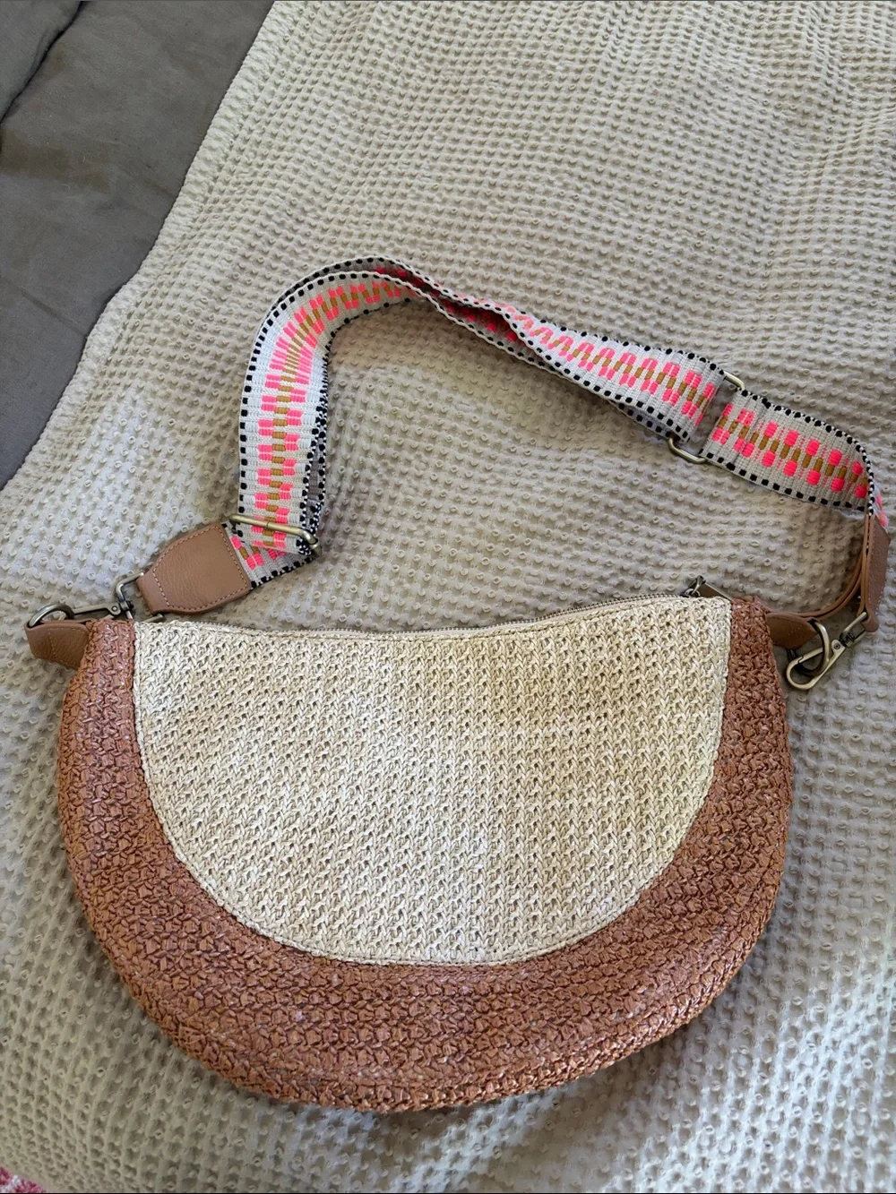 Anthropologie Woven Half-Moon Crossbody Bag with Colorful Strap
